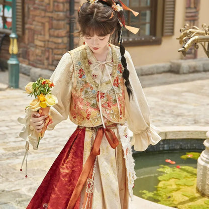 [Manye Zhiqiu] vest three-dimensional embroidery shirt pleated skirt modern HanFuDreams three-piece set S