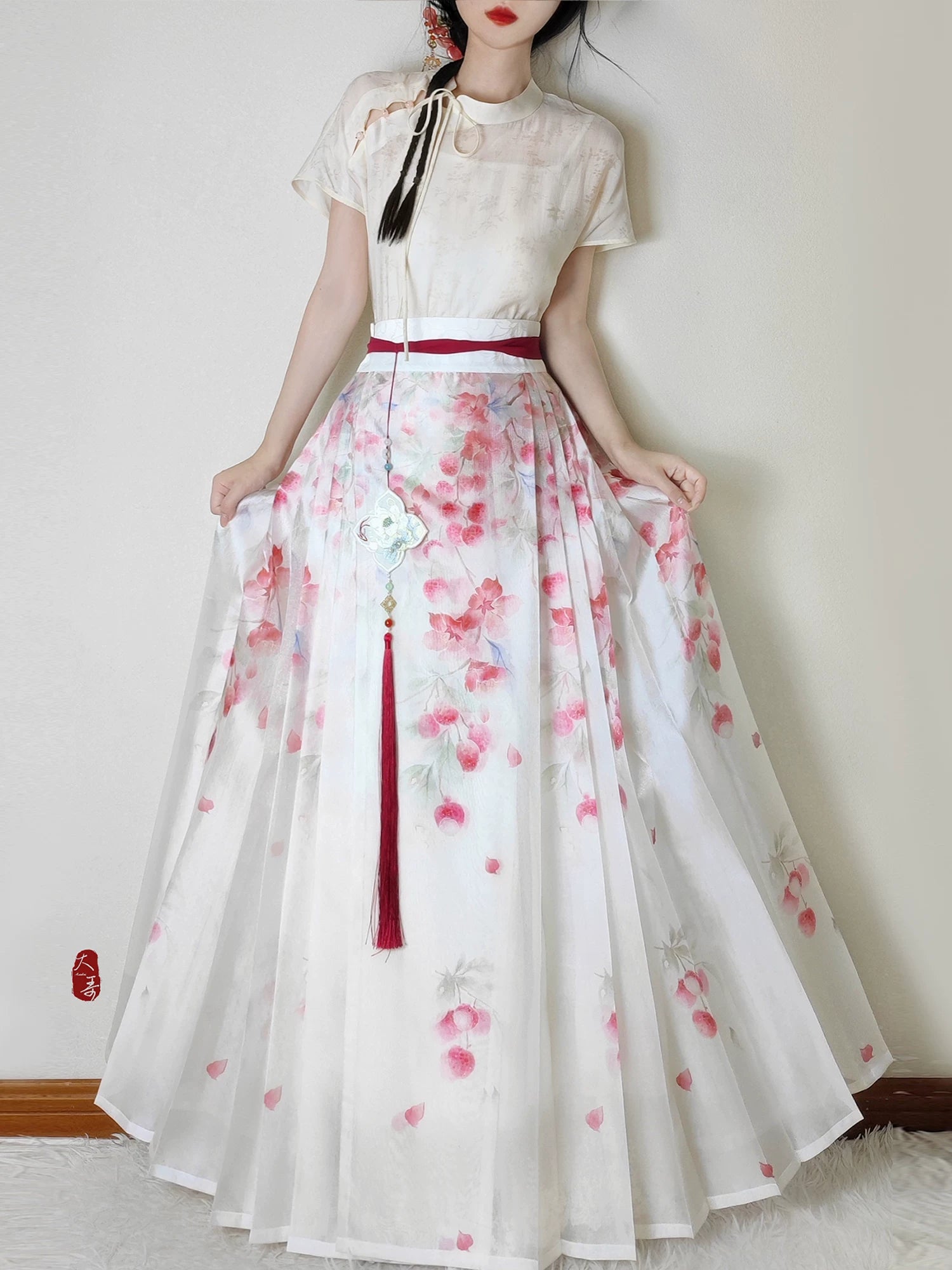 Flower Fairy Story [Lychee] Light gauze skirt High texture printed horse skirt modern HanFuDreams