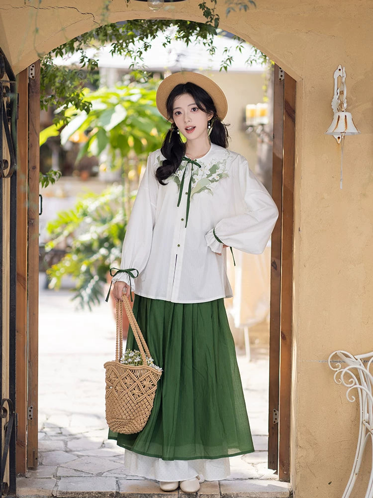 Chi Xia [Qinglu Lily of the Valley] Crew Neck Short Shirt Pleated Skirt han HanFuDreams