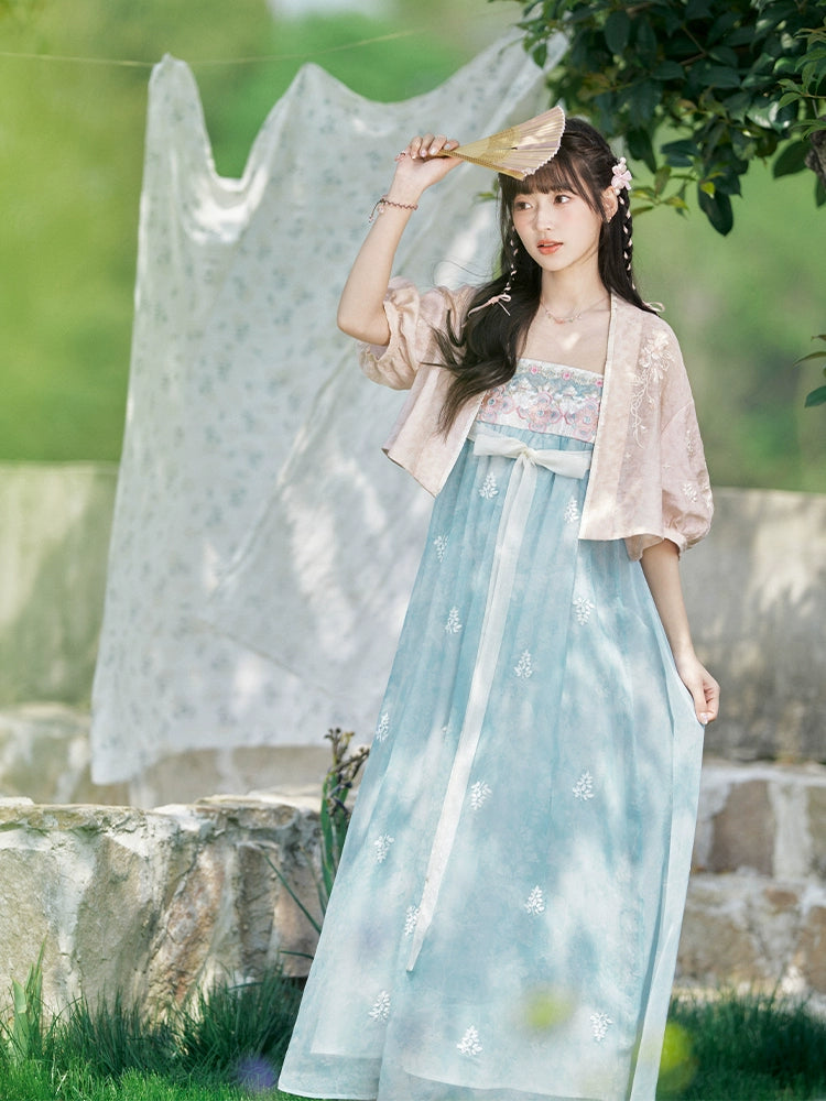 More than Thirteen [Peach Xi] Tencel Jacket Suspender Skirt Pink Dress Set modern HanFuDreams