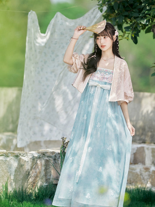 More than Thirteen [Peach Xi] Tencel Jacket Suspender Skirt Pink Dress Set modern HanFuDreams