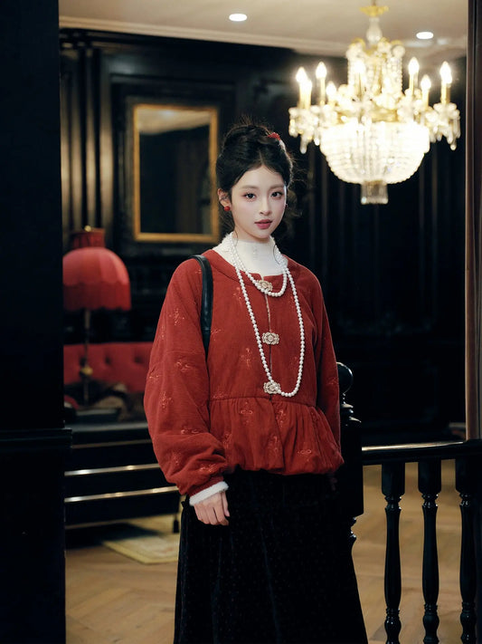 July Eve [Red Bean Puffs] Red Corduroy Jacket Skinny Skirt Han han July Eve