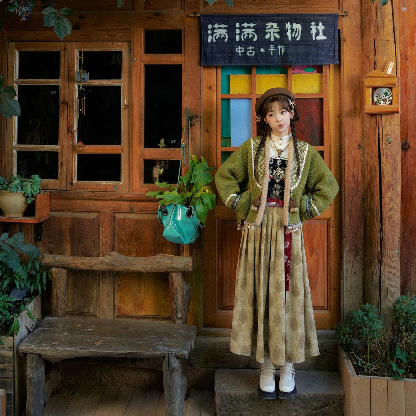 More than thirteen [Tingwu Autumn] lamb wool jacket dress national style set modern HanFuDreams two-piece set S