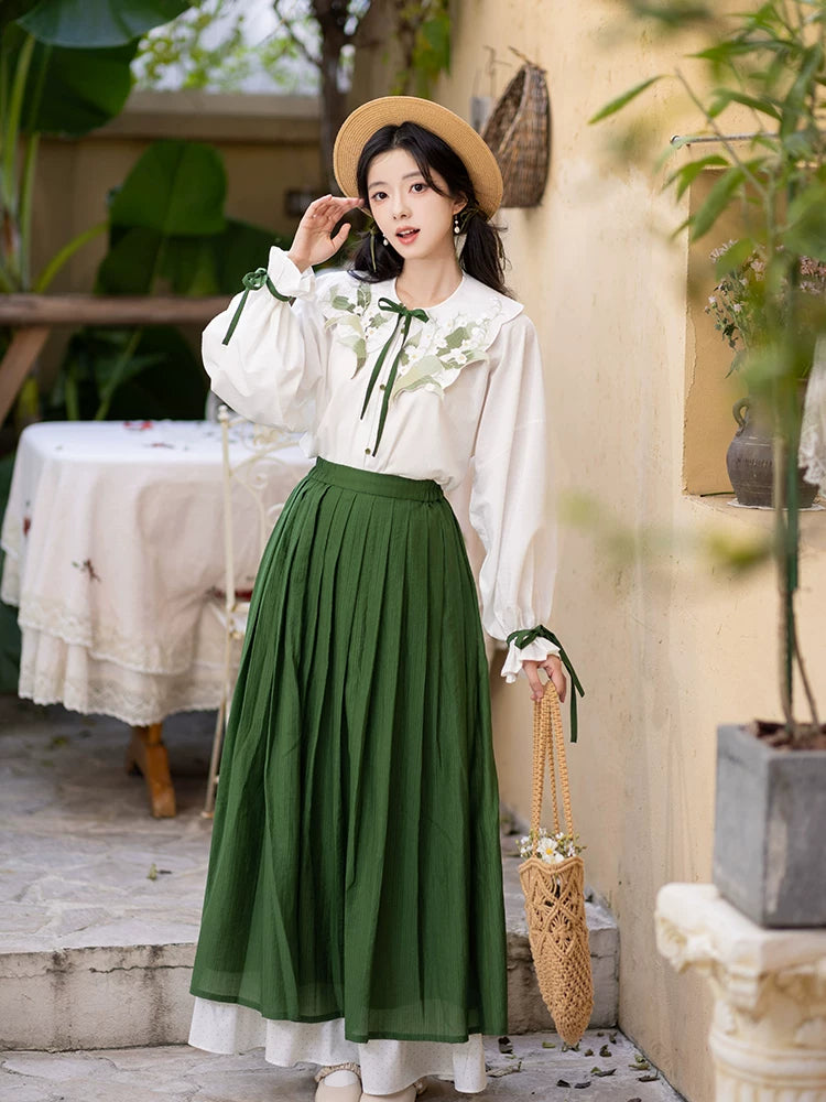 Chi Xia [Qinglu Lily of the Valley] Crew Neck Short Shirt Pleated Skirt han HanFuDreams