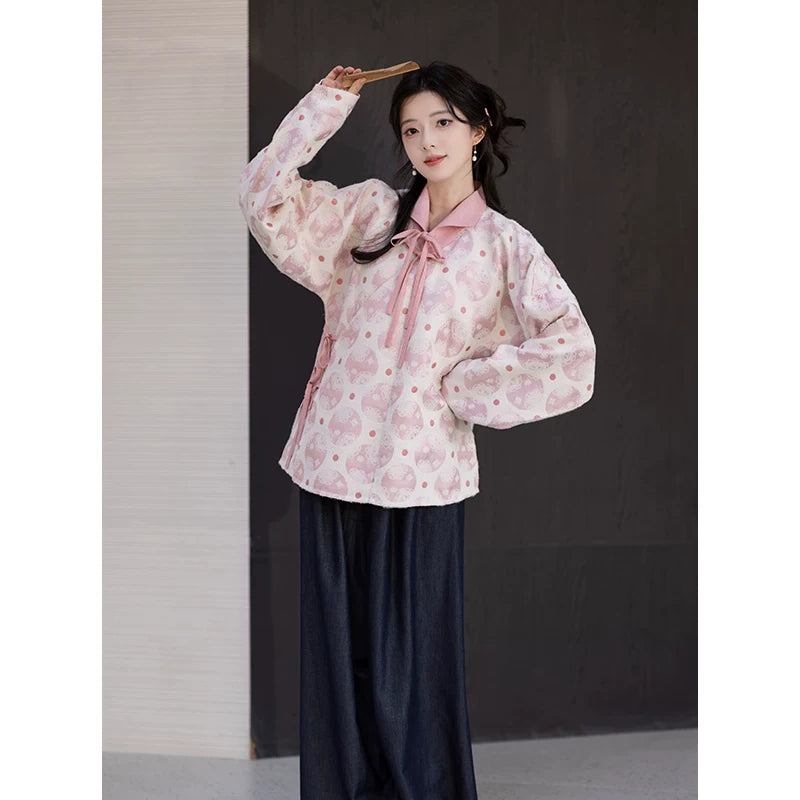 Chi Xia [Taoxi Room] Ming-made lapel shirt Tencel straight waist pants ming HanFuDreams Taoxi Room Two-piece Set (Pink Shirt + Blue Pants) S