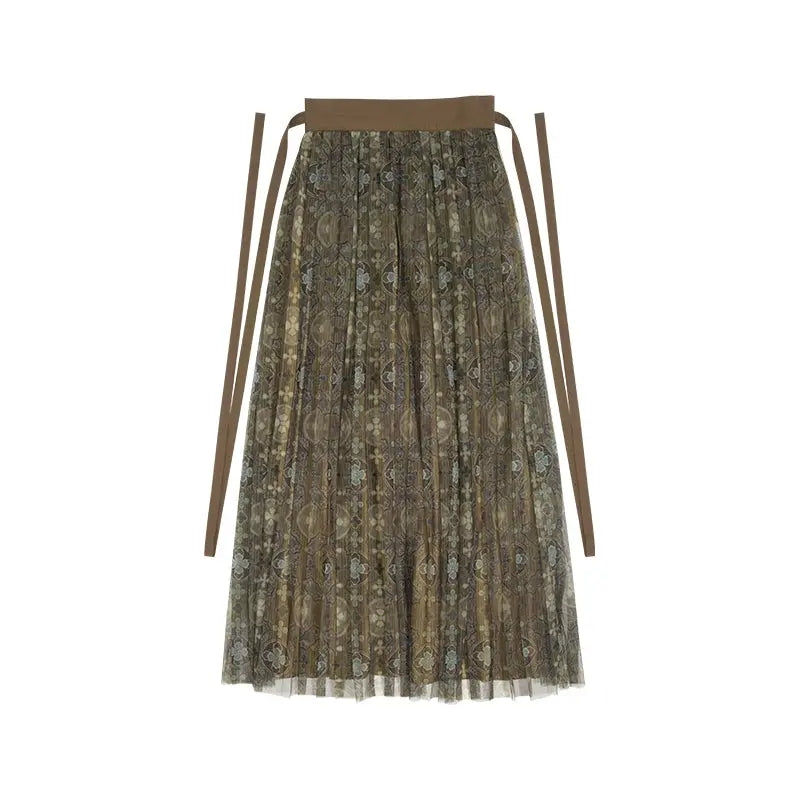 July Eve [caramel wood] embroidered knitted vest cardigan mesh skirt han HanFuDreams Caramel clover, pleated skirt S