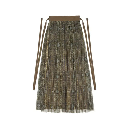 July Eve [caramel wood] embroidered knitted vest cardigan mesh skirt han HanFuDreams Caramel clover, pleated skirt S