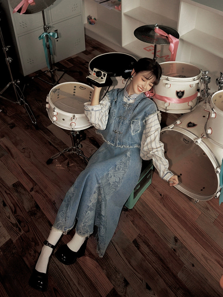 More than thirteen [brocade blue] vest cardigan three-pleat skirt set modern HanFuDreams