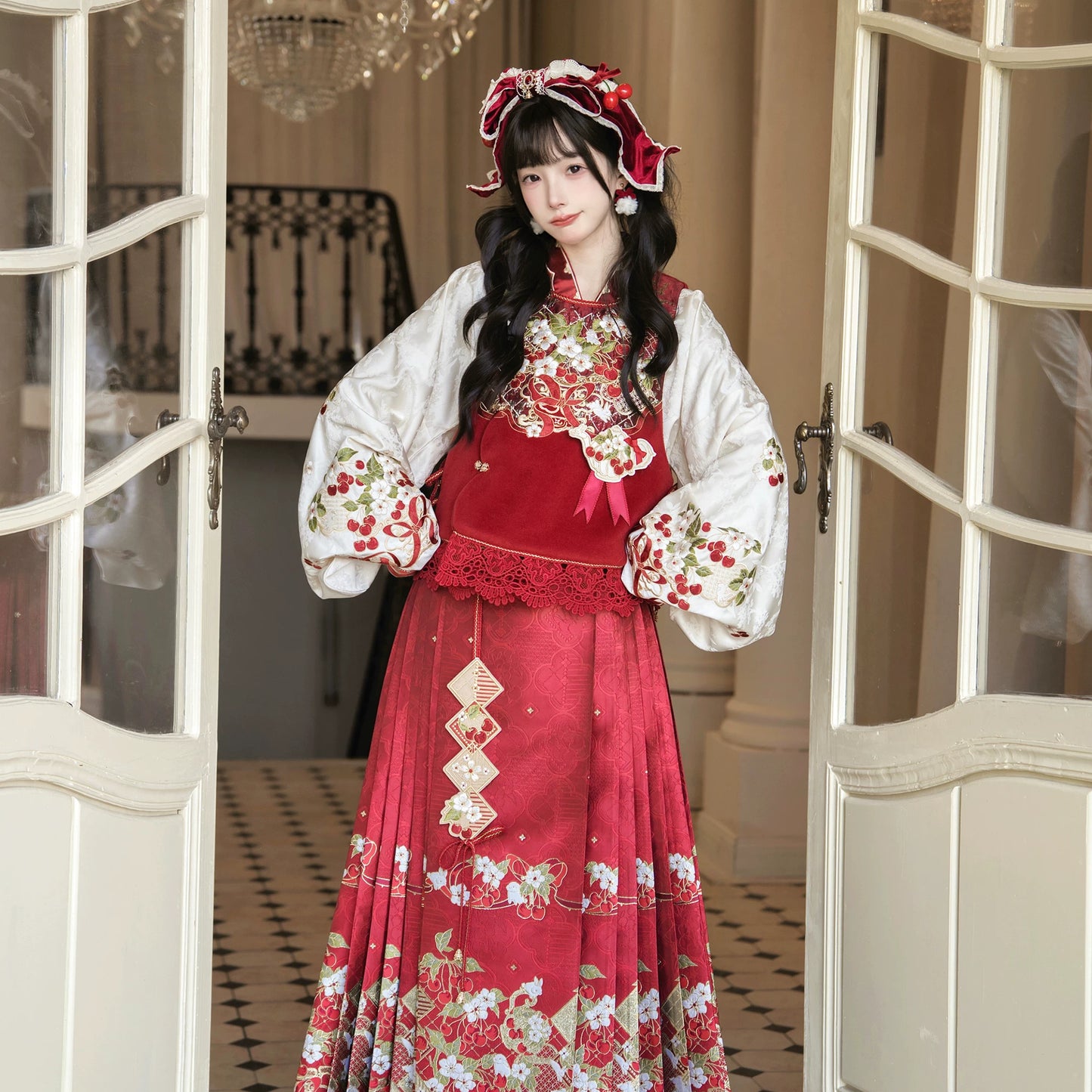 Flower Fairy Story [Cherry Tea Party] Pipa Sleeve Horse Dress Set Han han HanFuDreams Cherry horse dress 3-piece set, free small teapot accessories S