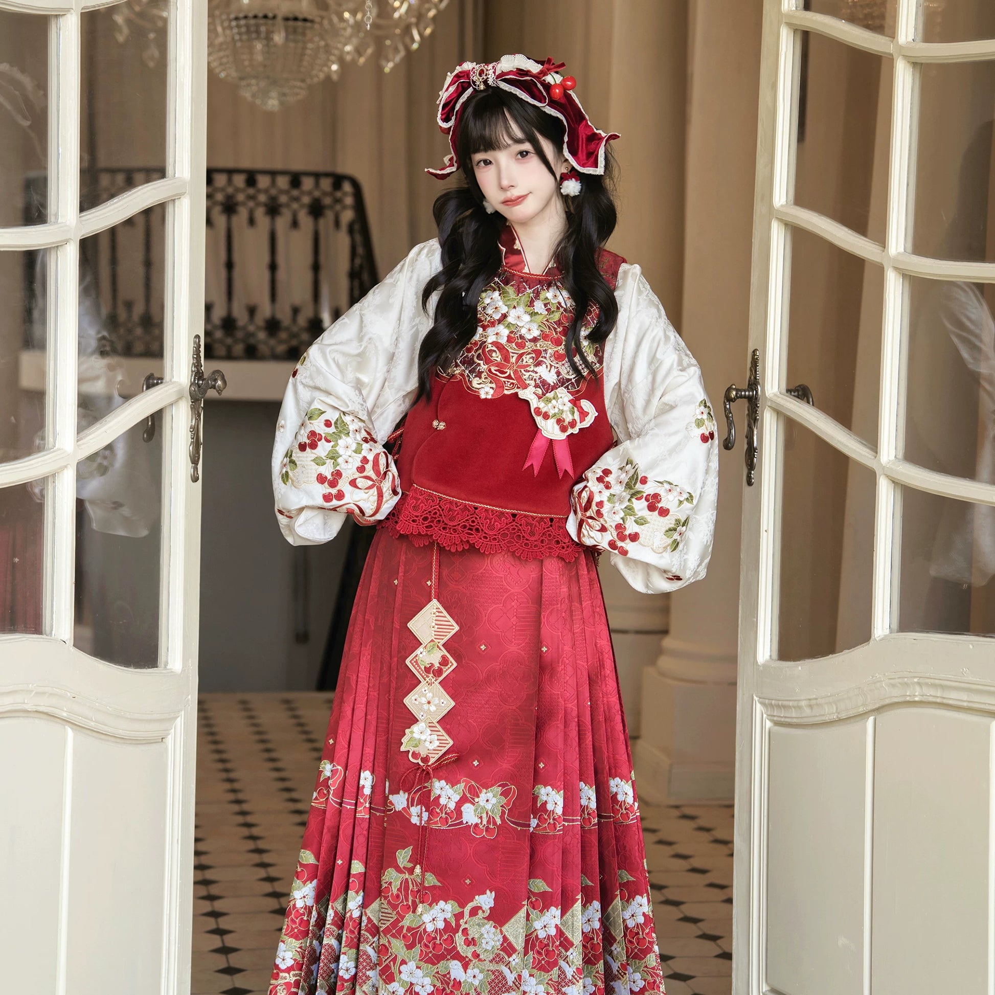 Flower Fairy Story [Cherry Tea Party] Pipa Sleeve Horse Dress Set Han han HanFuDreams Cherry horse dress 3-piece set, free small teapot accessories S