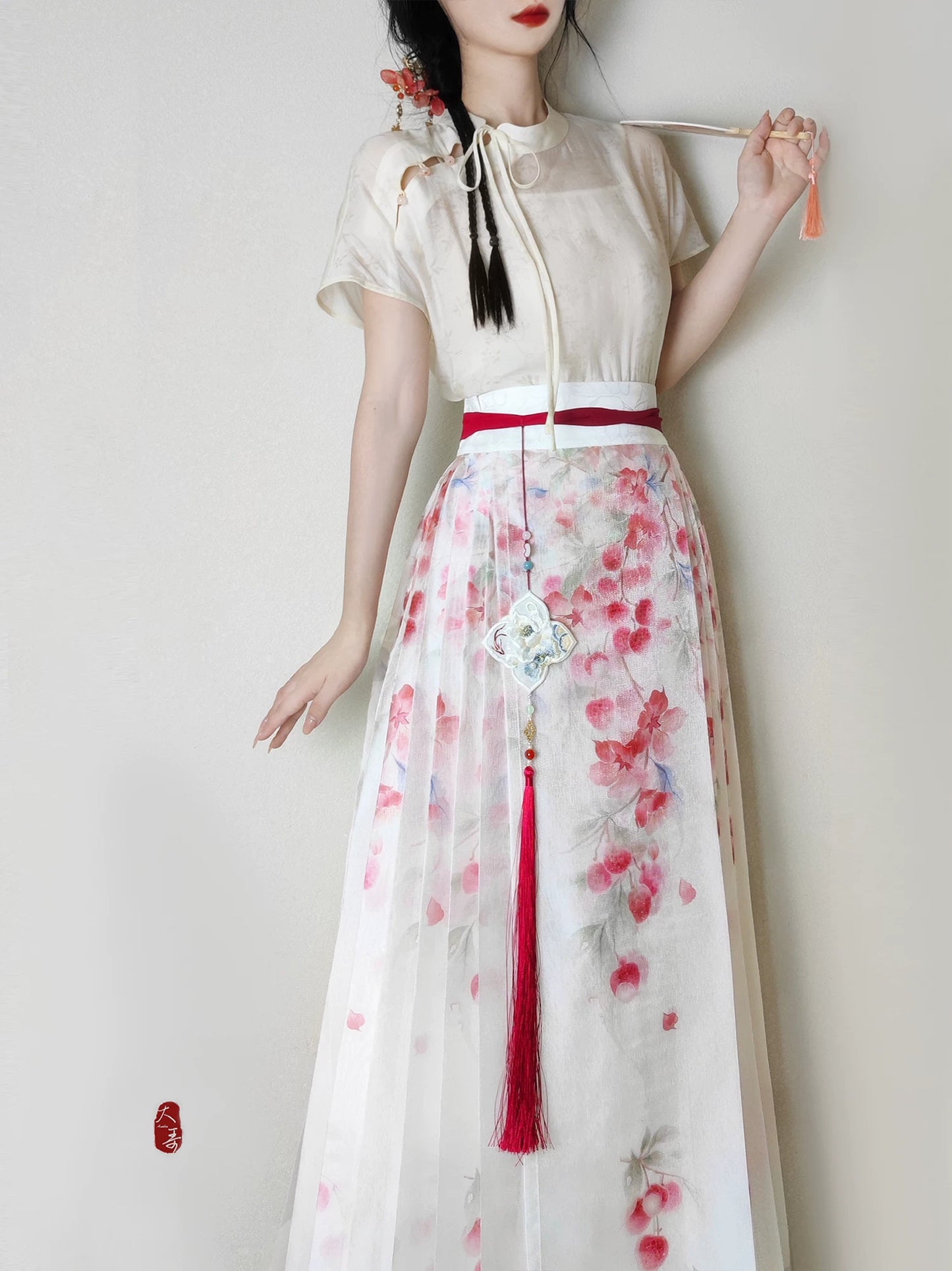 Flower Fairy Story [Lychee] Light gauze skirt High texture printed horse skirt modern HanFuDreams
