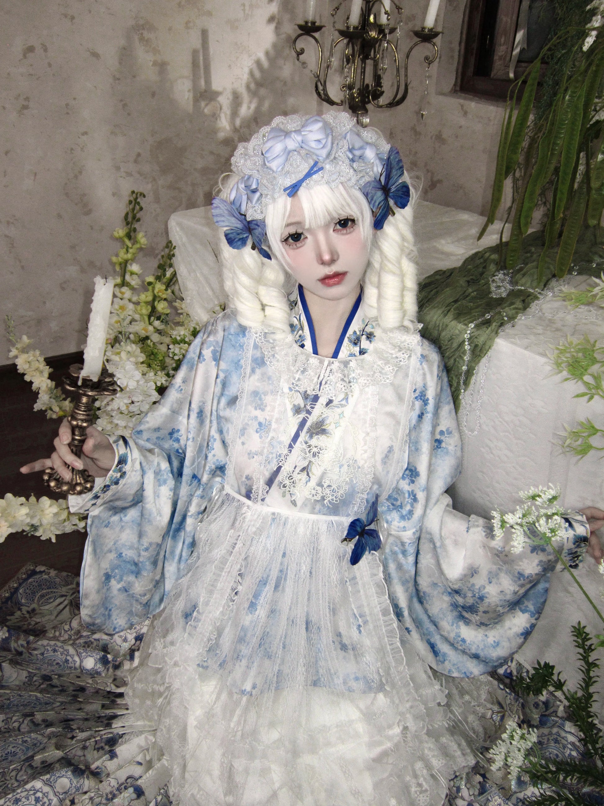 Flower Fairy Story [Celadon Mirror] Pipa Sleeve Blue and White Porcelain Horse Dress Set Han han HanFuDreams