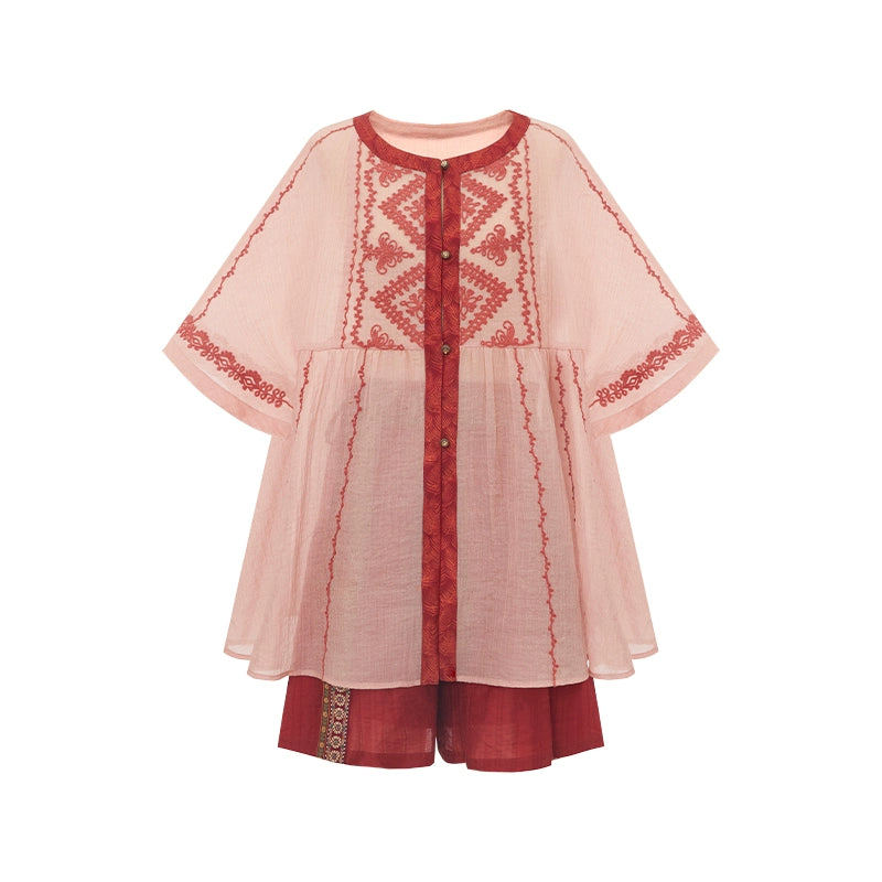 More than thirteen [red willow] summer Tencel shirt shorts national style set modern HanFuDreams two-piece set S