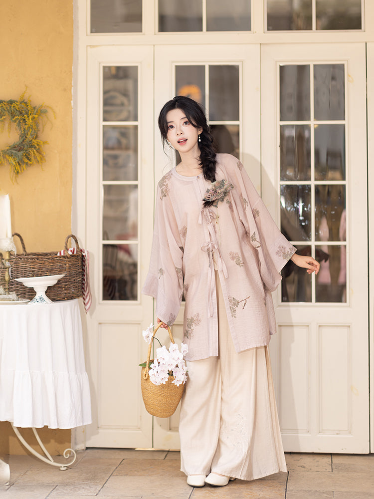 Ming-made cotton round neck cardigan improved Song pants Hanfu