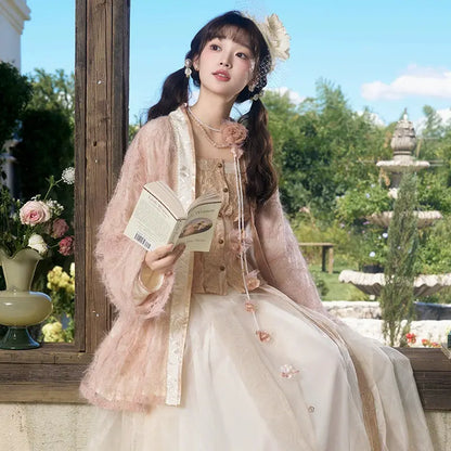 [peach mist towards the smoke] lace suspender embroidered horse dress autumn ming HanFuDreams Three-piece set (excluding petticoat) S