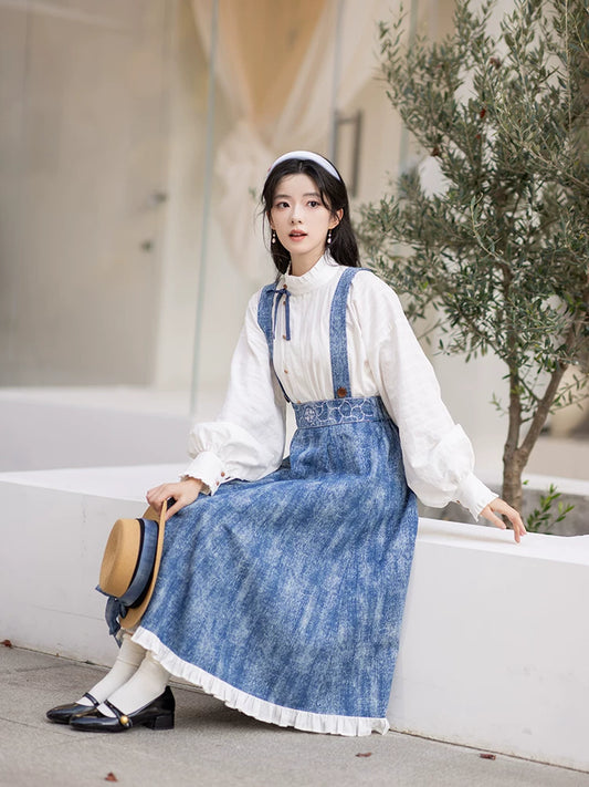 Chi Xia [Forest Blue Language] Han Element Stand-up Neck Short Shirt Strap Skirt han HanFuDreams