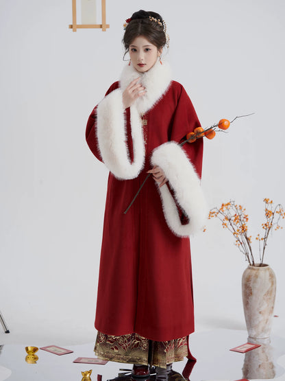 Snow Perched Red Branch - Red Hanfu Wool Coat—White Fur Collar & Back Waist Tie Flower Fairy Story Red coat with fur collar S