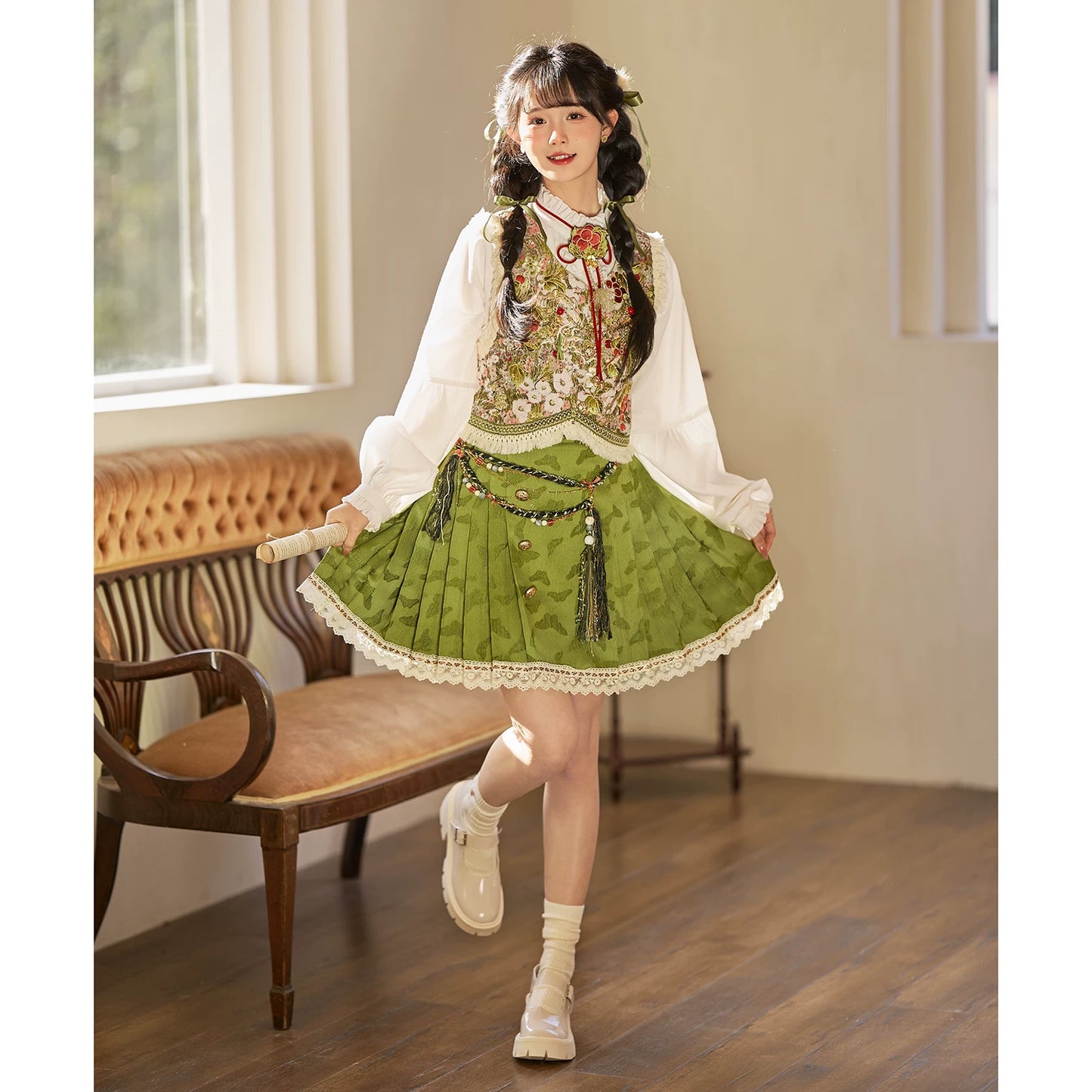 Flower Fairy Story [Red Fruit Manor] Vest Shirt Short Horse Noodles modern HanFuDreams Green Short Horse Noodles S