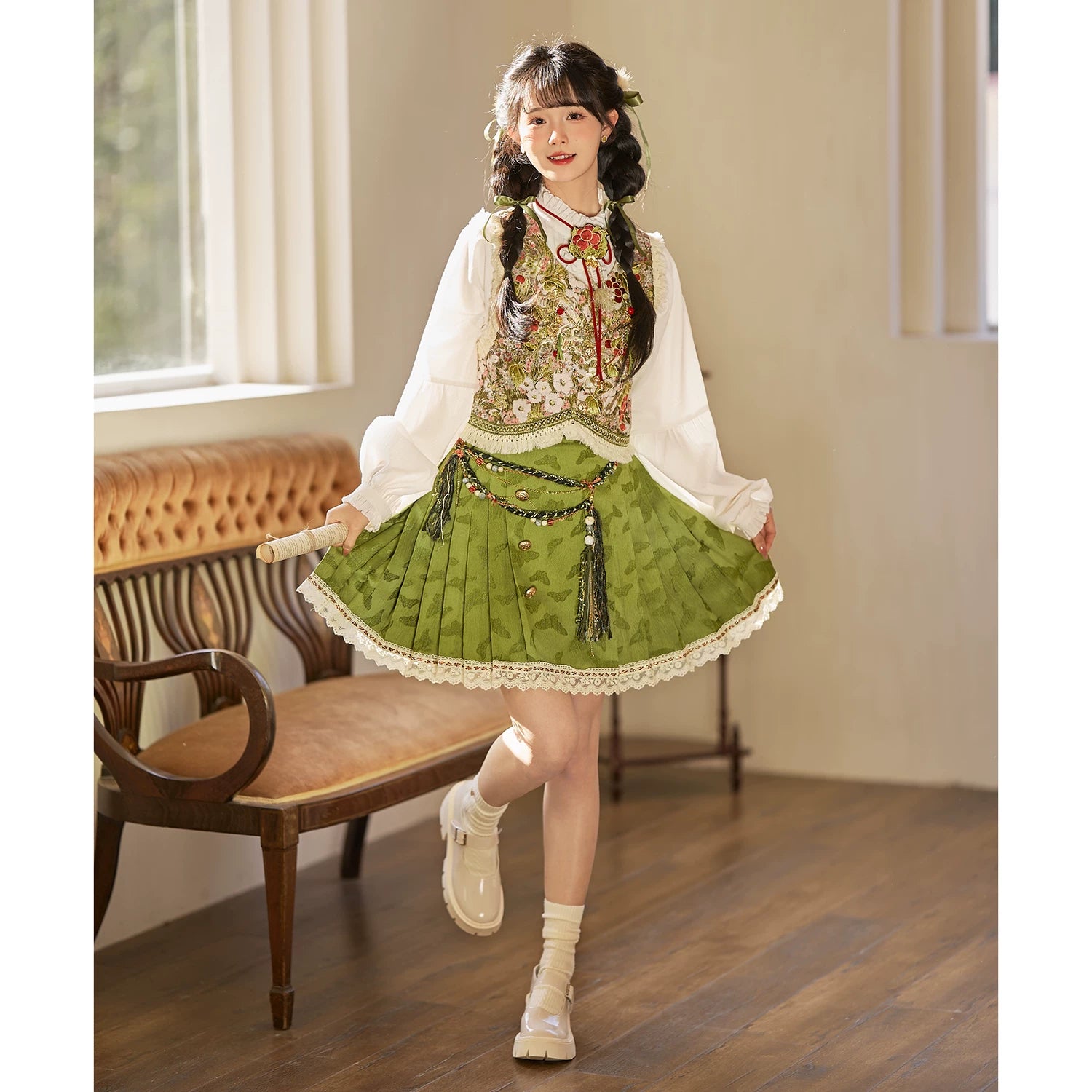 Flower Fairy Story [Red Fruit Manor] Vest Shirt Short Horse Noodles modern HanFuDreams Green Short Horse Noodles S