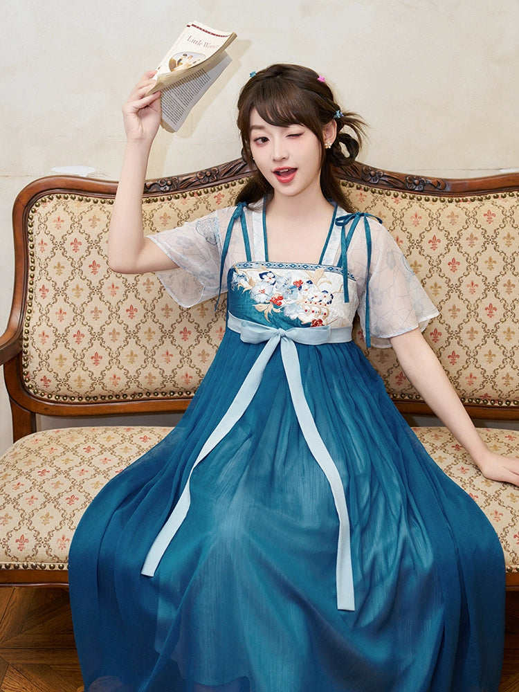 More than thirteen [sapphire flower wall] embroidered chest-length Han element dress han HanFuDreams