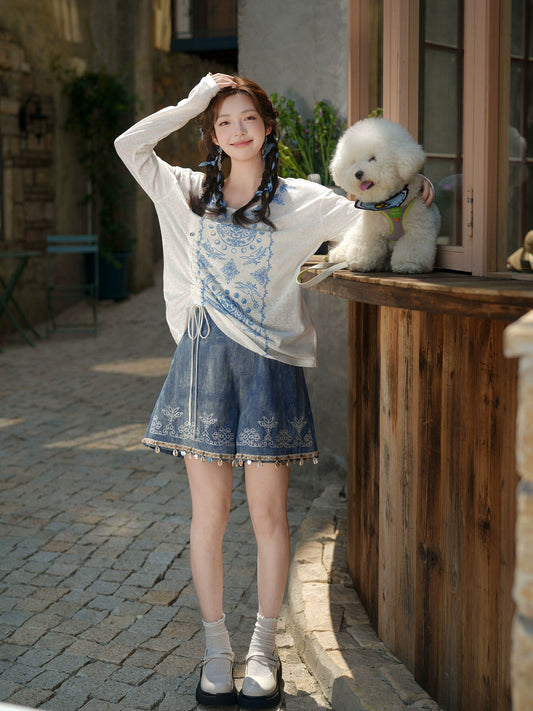 More than thirteen [Tuoyue] knitted top embroidered denim shorts ethnic style set modern HanFuDreams