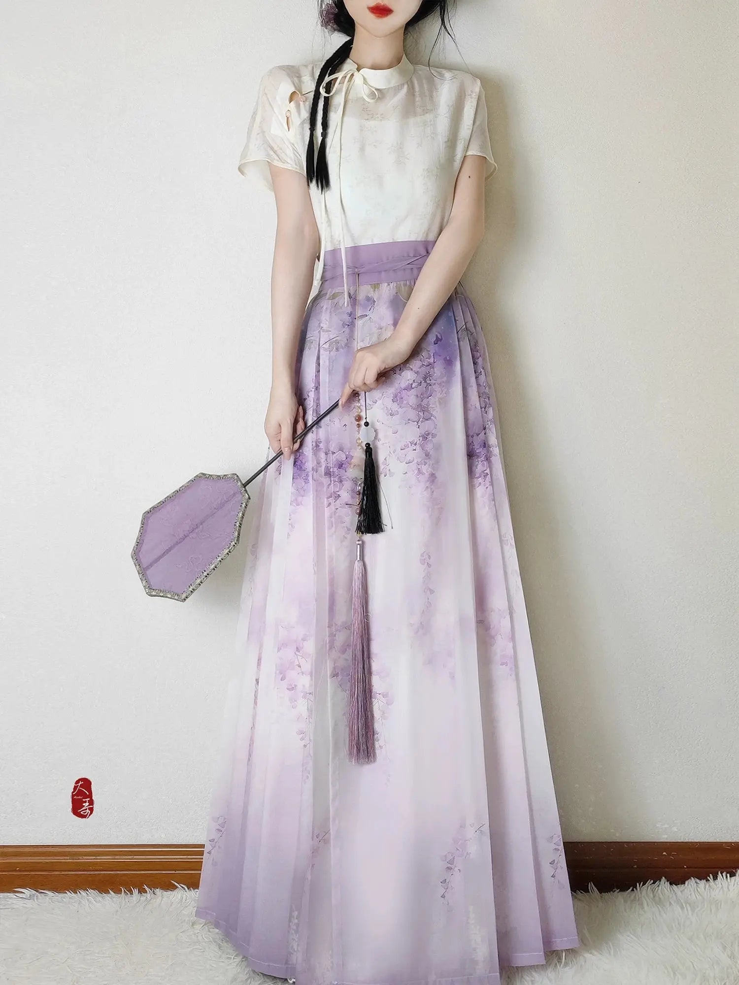 Flower Fairy Story [Wisteria] Light gauze skirt High texture printed horse skirt modern HanFuDreams