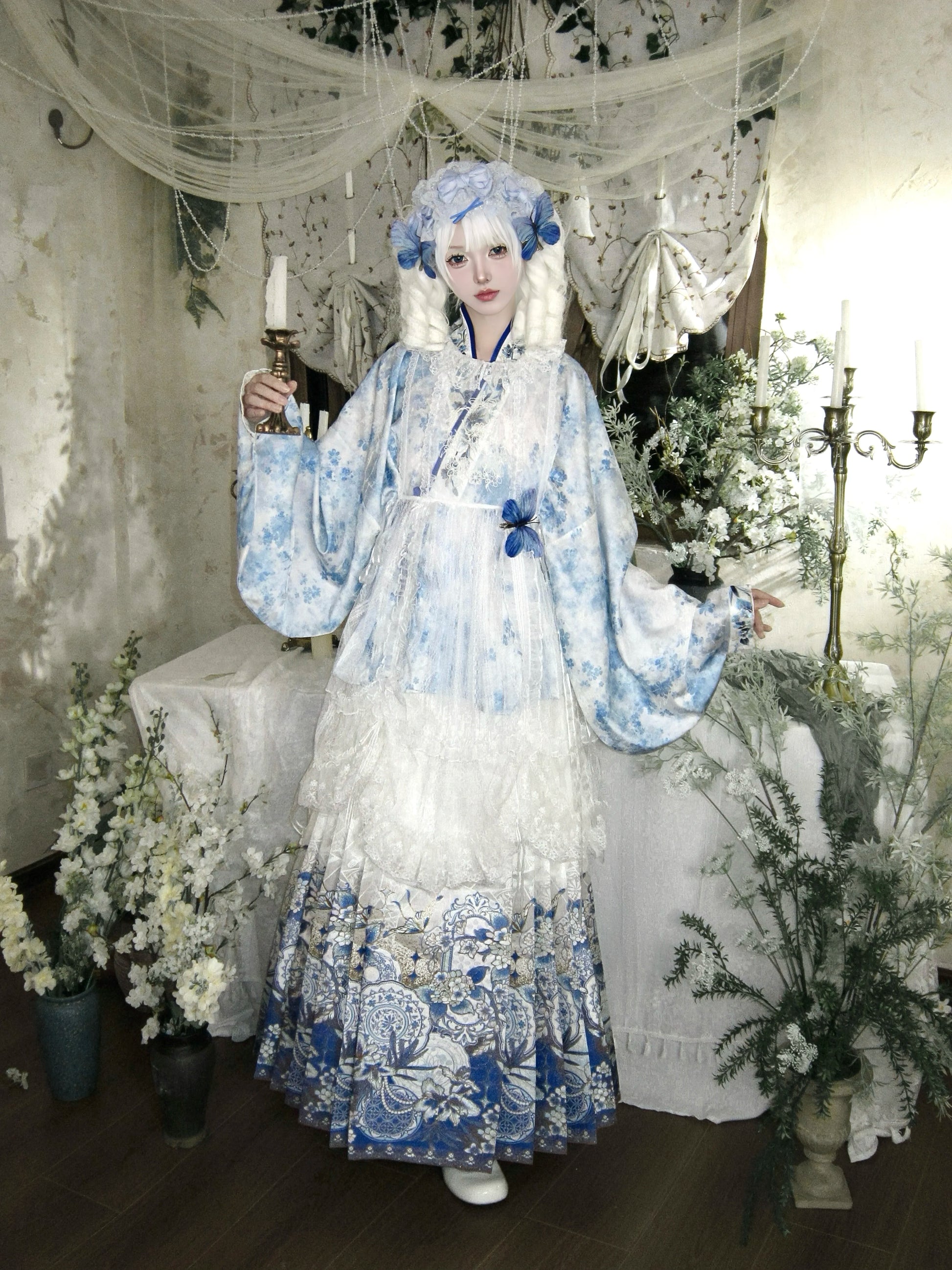 Flower Fairy Story [Celadon Mirror] Pipa Sleeve Blue and White Porcelain Horse Dress Set Han han HanFuDreams