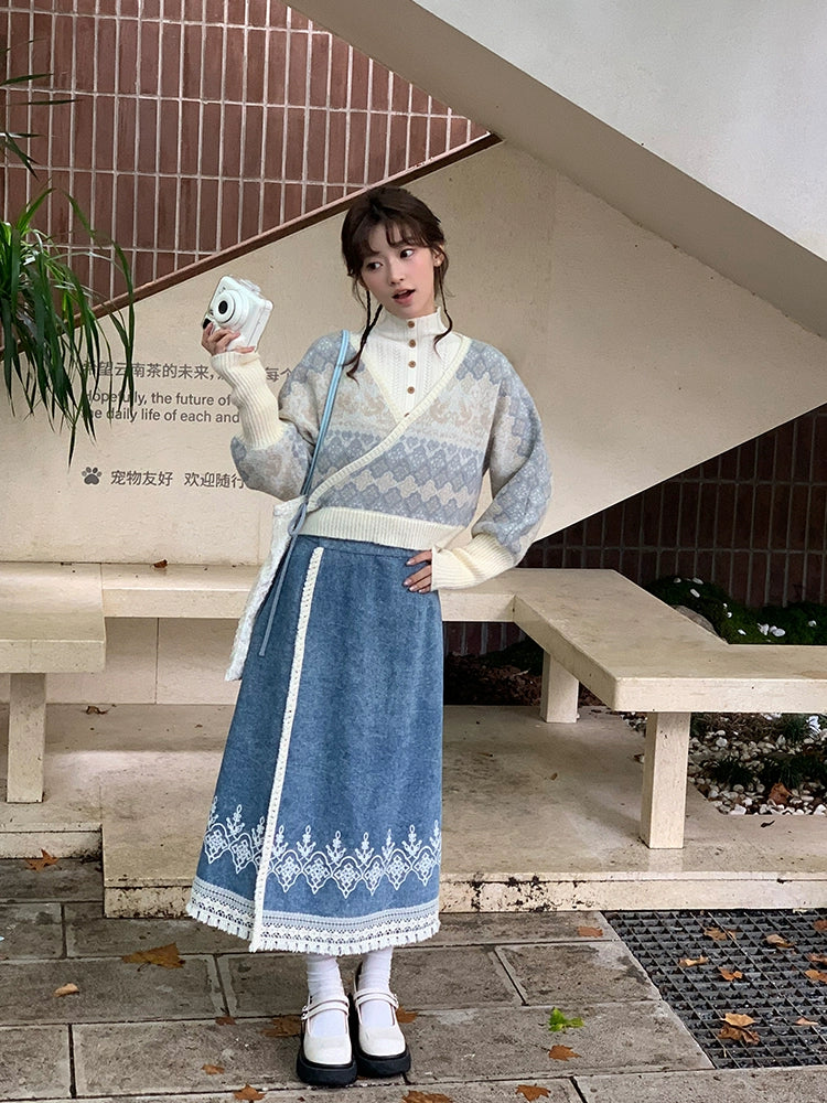 More than thirteen [autumn river snow] 2025 autumn new pullover jacquard sweater denim skirt modern HanFuDreams