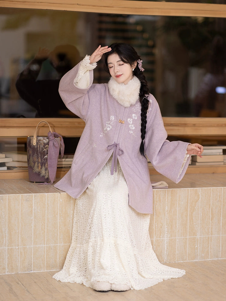 Chi Xia [Phalaenopsis Dream] velvet medium and long jacket imitation fox fur collar