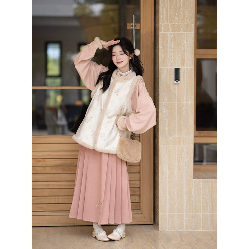Chi Xia [Camellia Peach] Fleece Bijia Short Shirt Horse Face Skirt Ming ming HanFuDreams Camellia peach three-piece set S