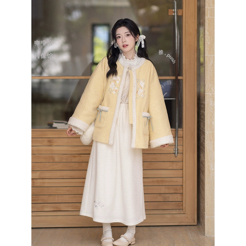 Chi Xia [Fleece Butter] Crew Neck Short Jacket Umbrella Skirt Han han HanFuDreams Fleece butter two-piece set S