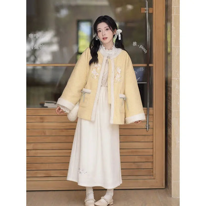 Chi Xia [Fleece Butter] Crew Neck Short Jacket Umbrella Skirt Han han HanFuDreams Fleece butter two-piece set S
