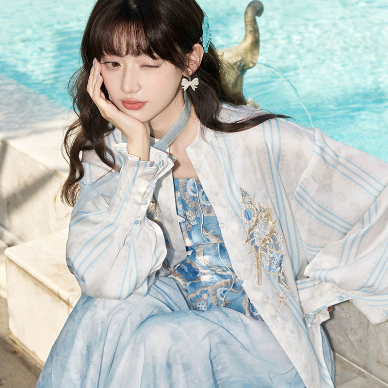 More than Thirteen [Sea, Moon and Wind] Spring Shirt Printing Suspender National Style Set modern HanFuDreams Sea Moon and Wind + Qingyun End Three-piece Set XS