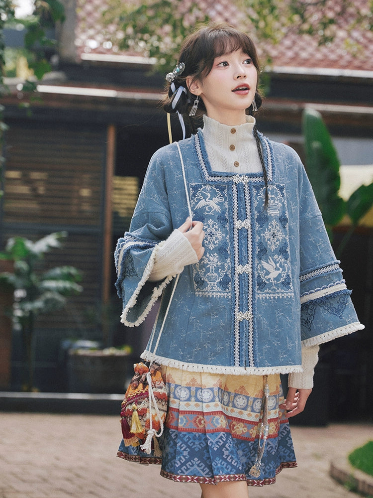 More than thirteen [Xianyunhe] embroidered square collar denim jacket horse skirt modern HanFuDreams