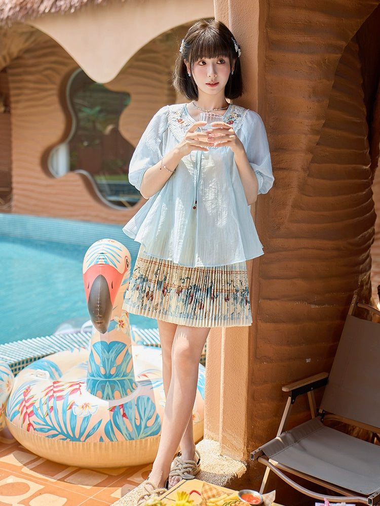 More than thirteen [summer pomegranate] 2025 summer new national style shirt skirt set modern HanFuDreams