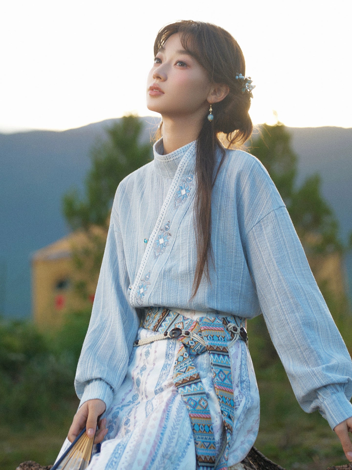 More than thirteen [Cangming Night] denim embroidered jacket curved collar top trousers set modern HanFuDreams