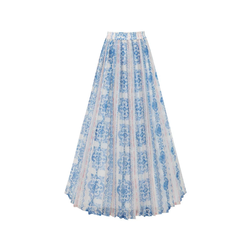 Bishanghua Denim Hanfu Set—Long Bijia Vest & Printed Chiffon Skirt modern Shisanyu Lower skirt S