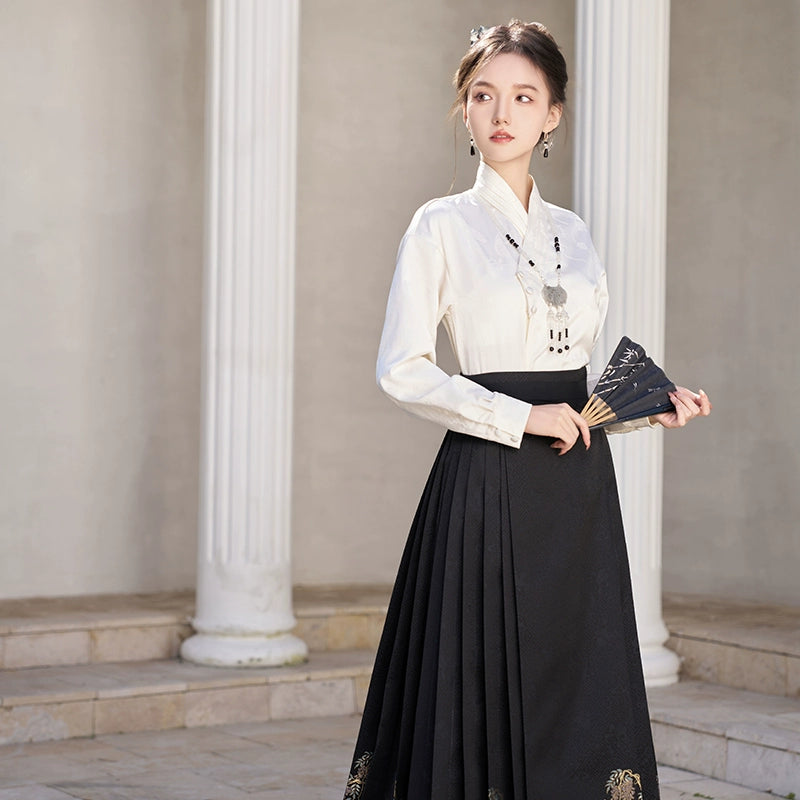 More than Thirteen [眠猫] New Chinese Horse Dress Set Autumn modern HanFuDreams Black two-piece set XS