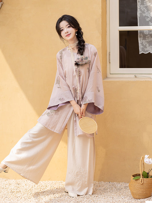 Ming-made cotton round neck cardigan improved Song pants Hanfu