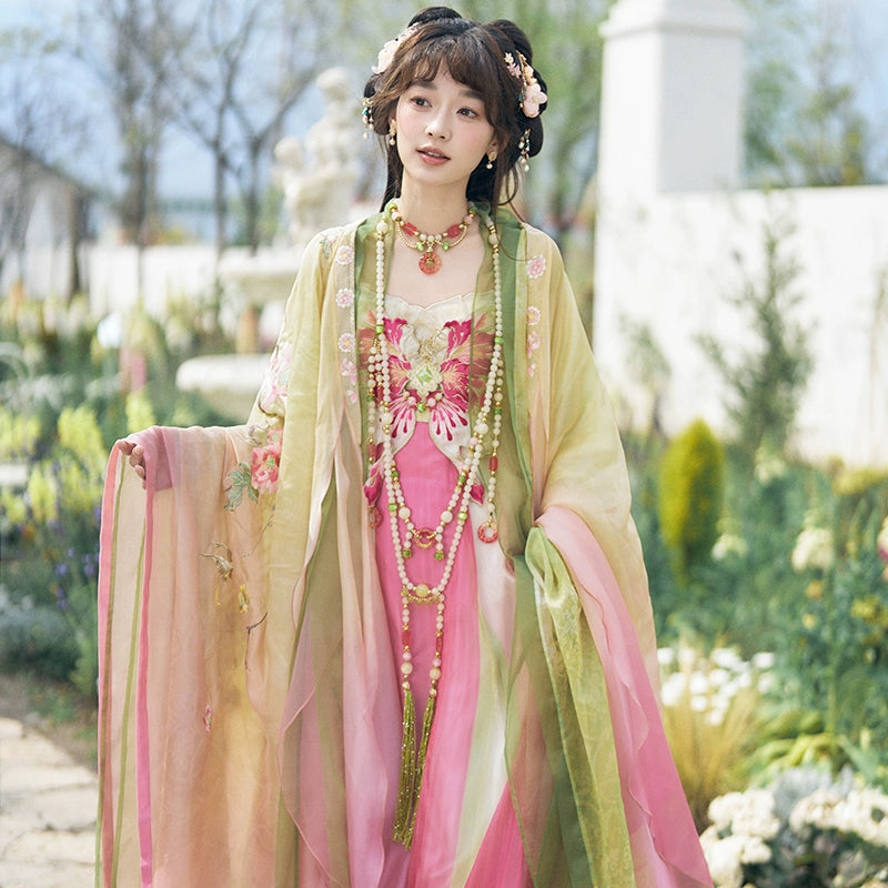 More than thirteen [peach blossom long tassel] large-sleeved shirt suspender skirt Tang Hanfu tang HanFuDreams four-piece set S