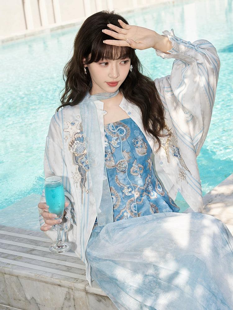 More than Thirteen [Sea, Moon and Wind] Spring Shirt Printing Suspender National Style Set modern HanFuDreams