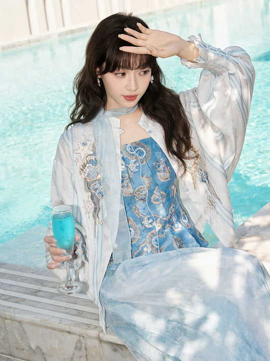 More than Thirteen [Sea, Moon and Wind] Spring Shirt Printing Suspender National Style Set modern HanFuDreams