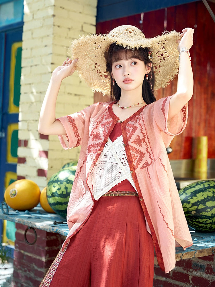 More than thirteen [red willow] summer Tencel shirt shorts national style set modern HanFuDreams