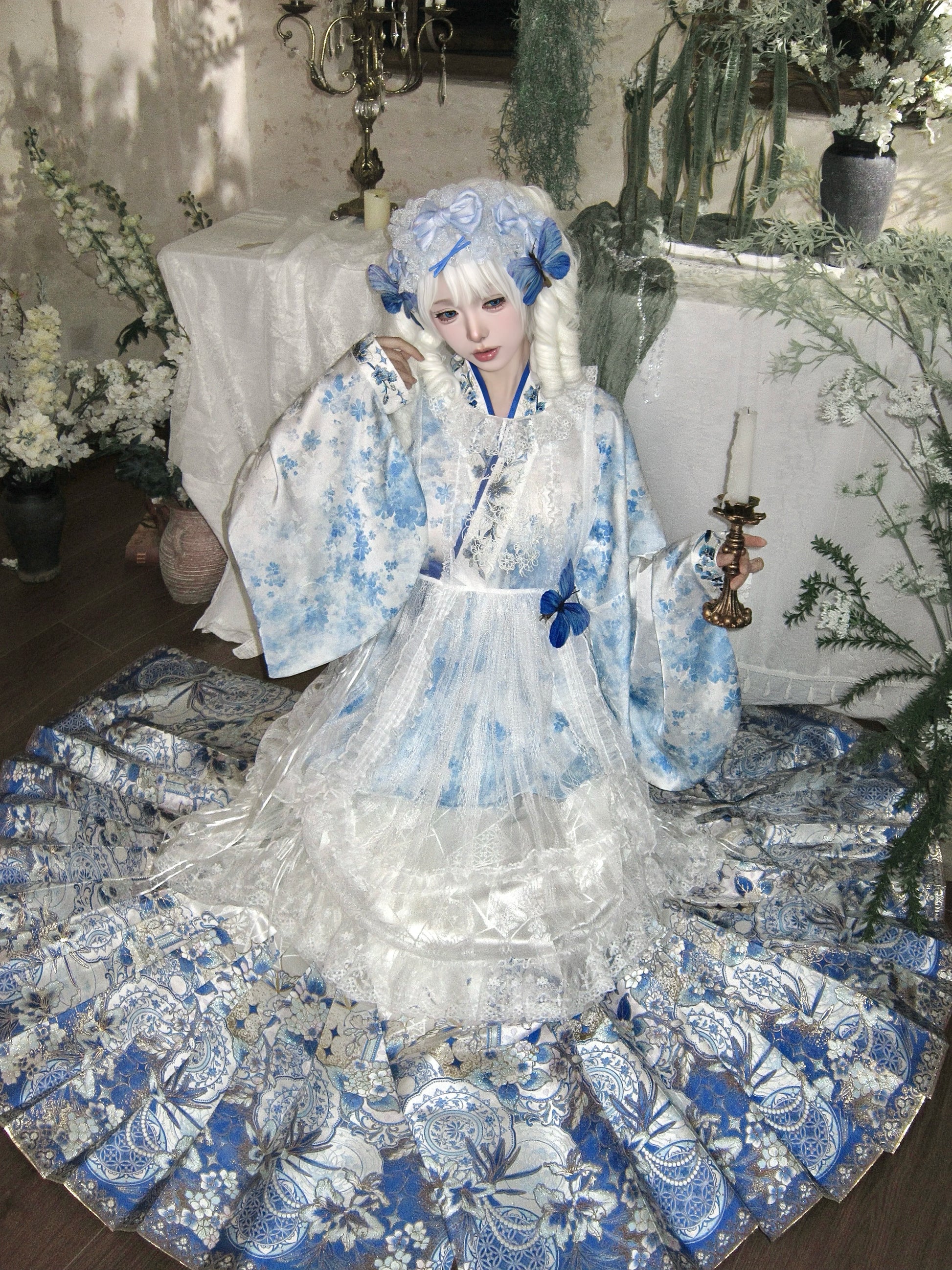 Flower Fairy Story [Celadon Mirror] Pipa Sleeve Blue and White Porcelain Horse Dress Set Han han HanFuDreams