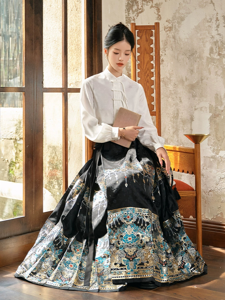 Huazhu Diancui 2025 New Chinese Imitation Makeup Flower Weaving Gold Horse Dress Top Set Women ming HanFuDreams