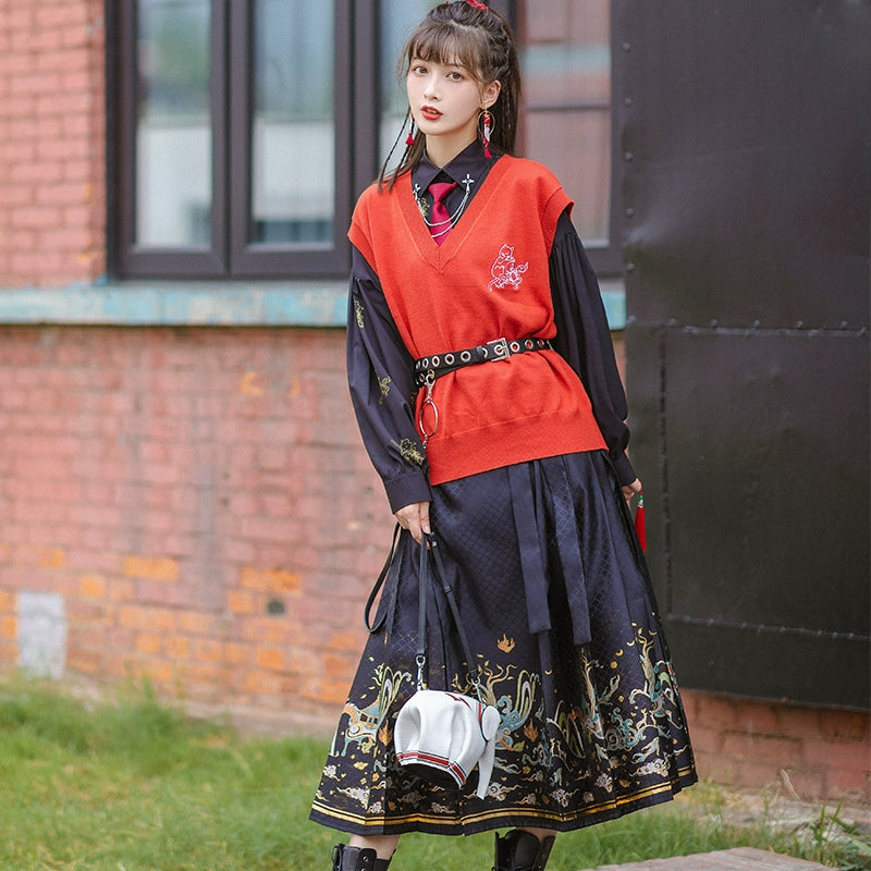 Han element horse dress Hanfu han HanFuDreams Red vest + black long-sleeved set (three-piece set) S