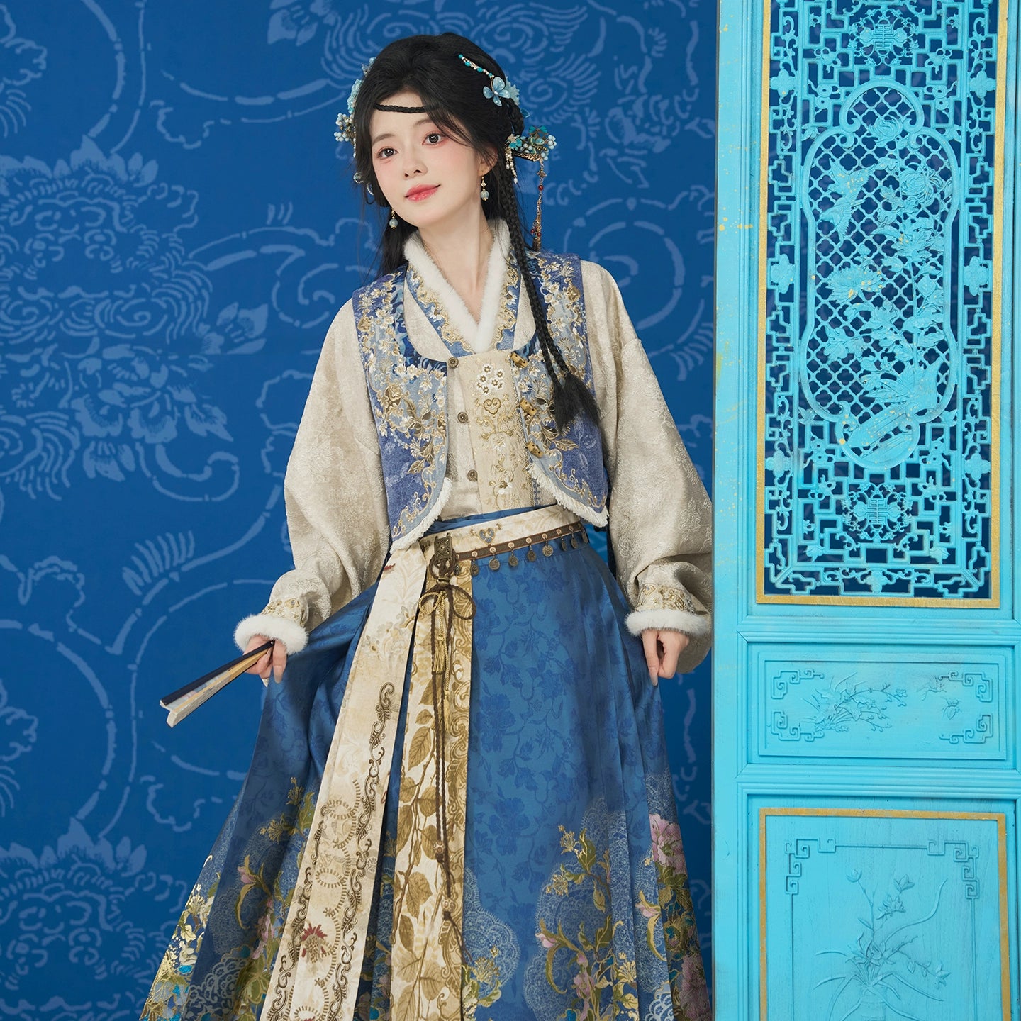 More than thirteen [blue clouds and autumn twilight] jacquard vest top woven horse dress ming HanFuDreams four-piece set S