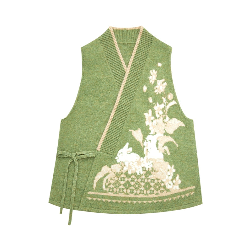 More than thirteen [Huai Rabbit] jacquard short-sleeved knitted sweater green vest top modern HanFuDreams sweater XS