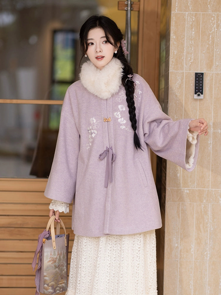 Chi Xia [Phalaenopsis Dream] velvet medium and long jacket imitation fox fur collar