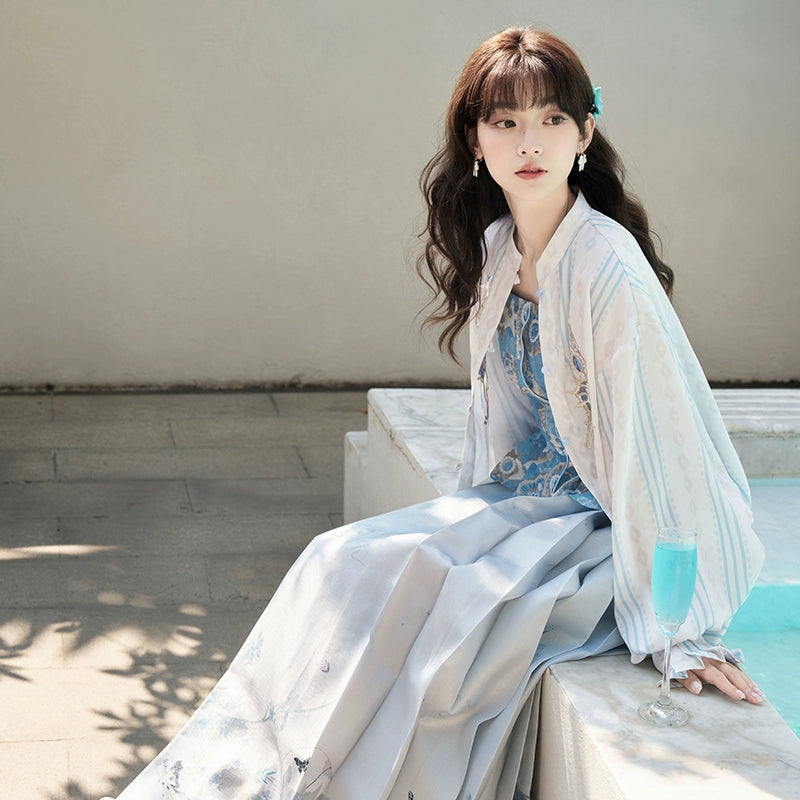 More than Thirteen [Sea, Moon and Wind] Spring Shirt Printing Suspender National Style Set modern HanFuDreams Sea Moon and Wind + Seven Steps to Find Poetry Three-piece Set XS